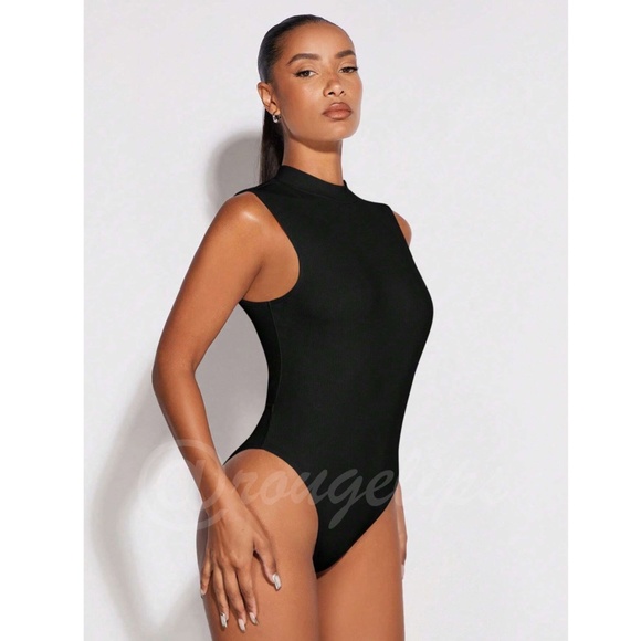 Black Cut Out Back Bodysuit Backless High Hip  High Neck, Sleeveless - Picture 7 of 8